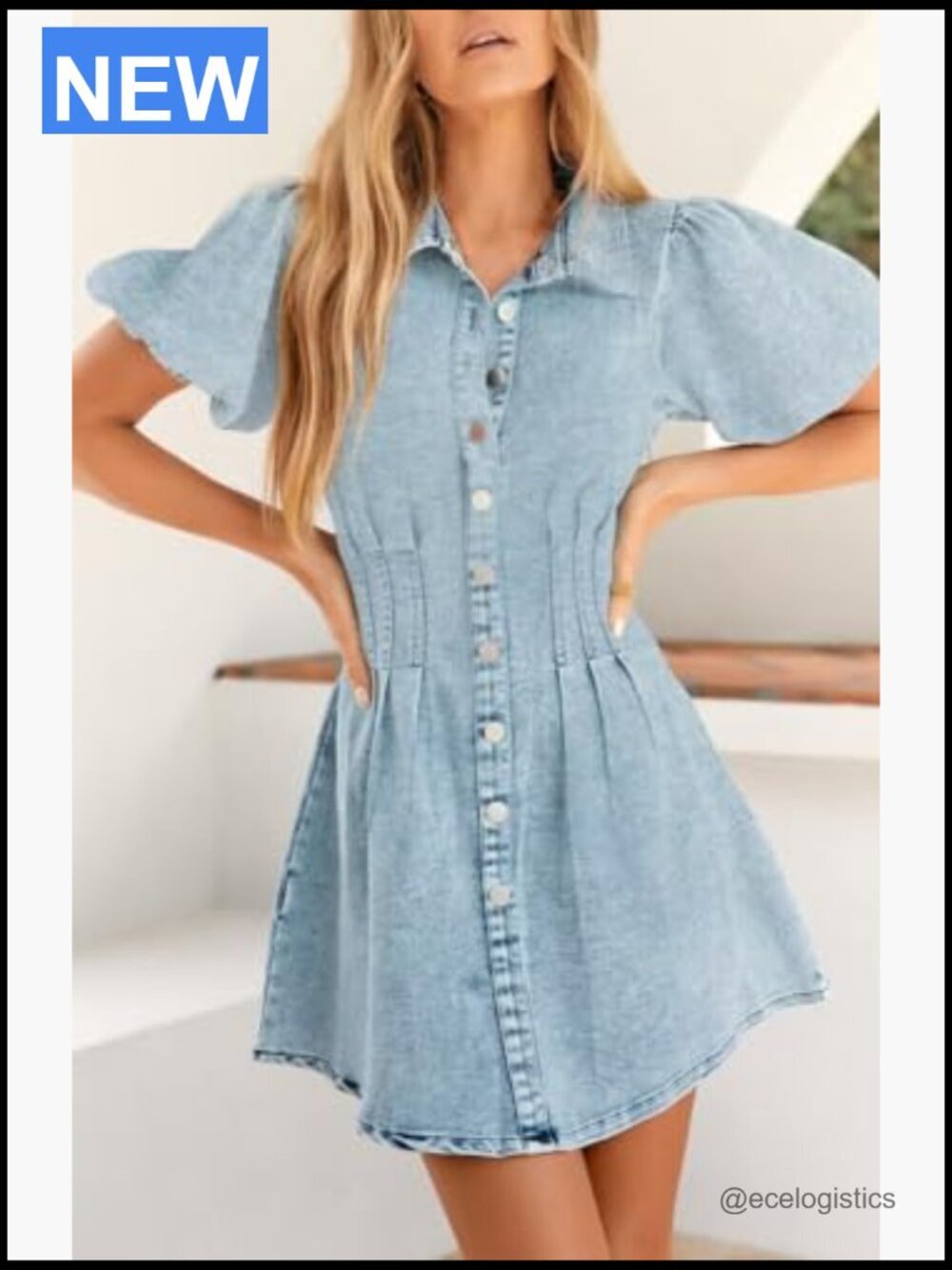 Puff Sleeve Slim Fit Denim Dress A-Line Mini Zip - Picture 6 of 7